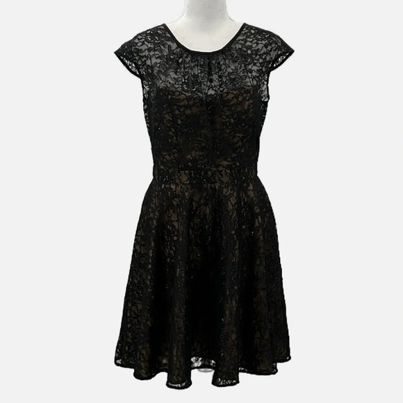 Shoshanna Lace Overlay Cap Sleeve Occasion Dress in Black & Tan - Size 4 - Picture 1 of 6